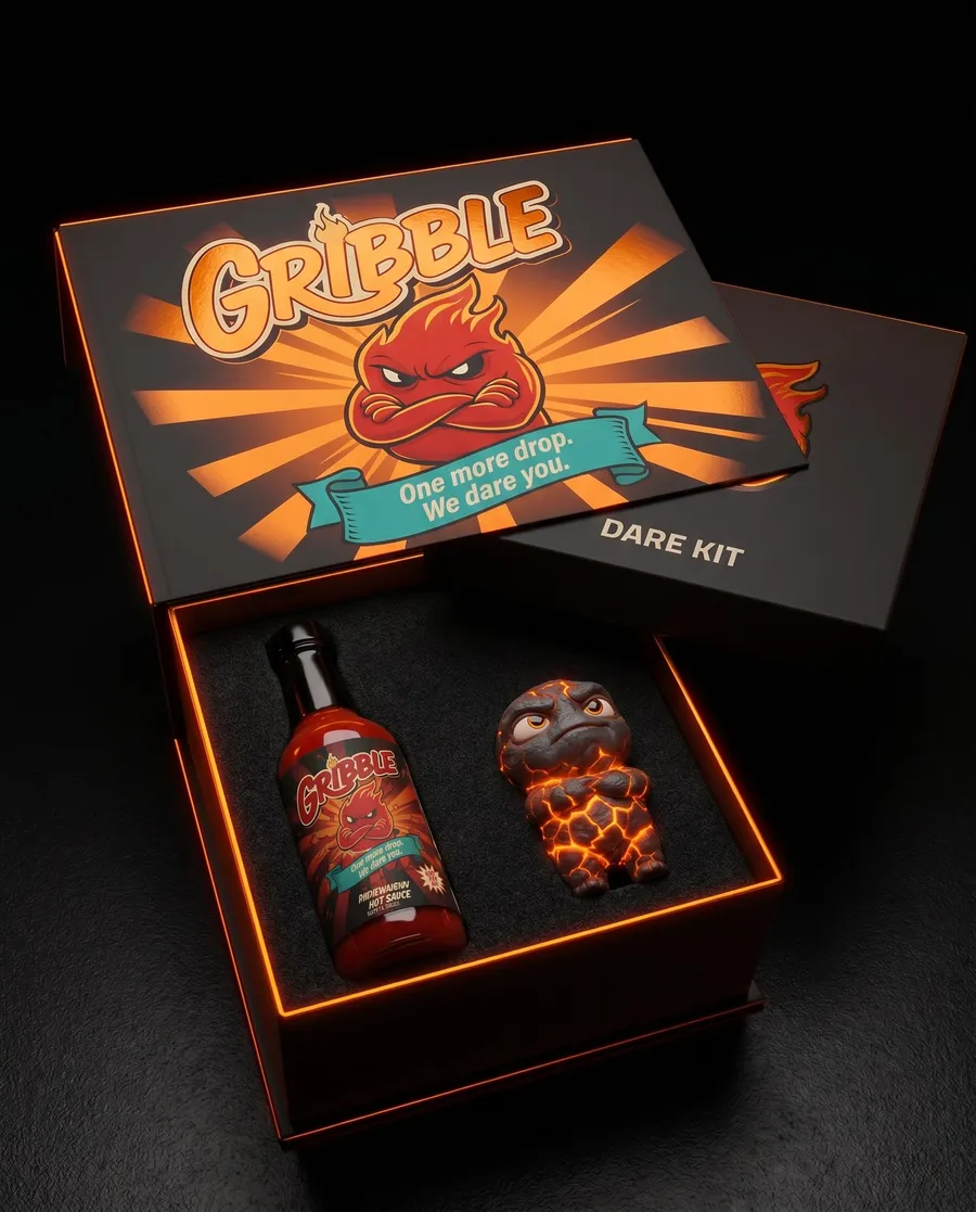 The Gribble Dare Kit: an open gift box with a bottle of Simmer, a Gribble figure and the dare card