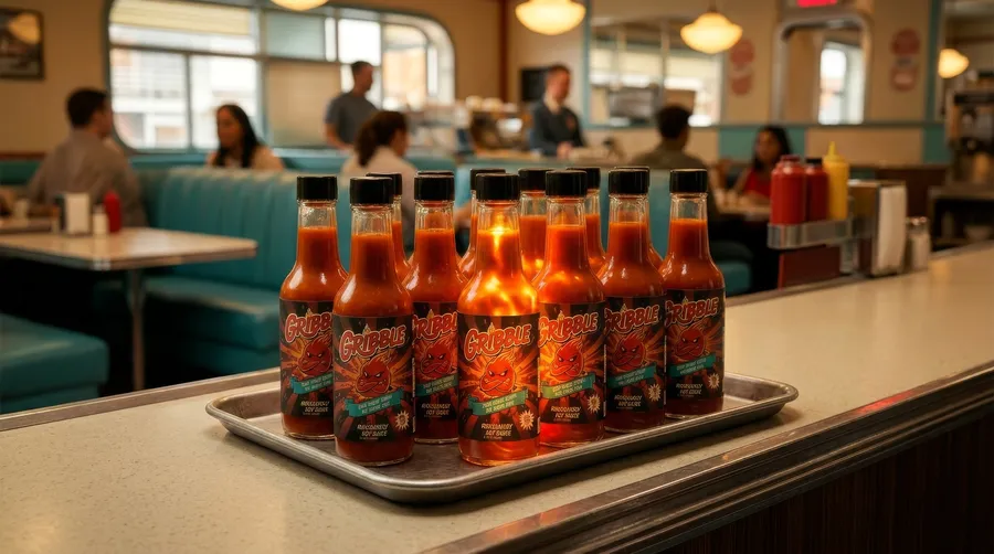 A tray of Gribble bottles in a diner