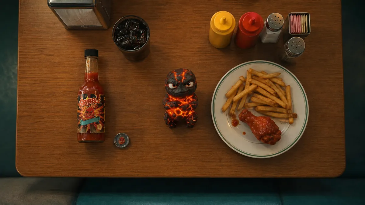 Top-down: fries, sauce and a bottle of Gribble on a wooden table