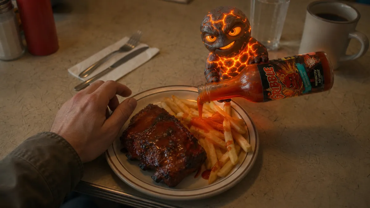 Chicken wings with Gribble sauce, the gremlin figure beside the plate